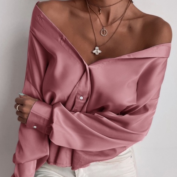 Satin boyfriend button down silky blouse hot pink - Picture 2 of 15